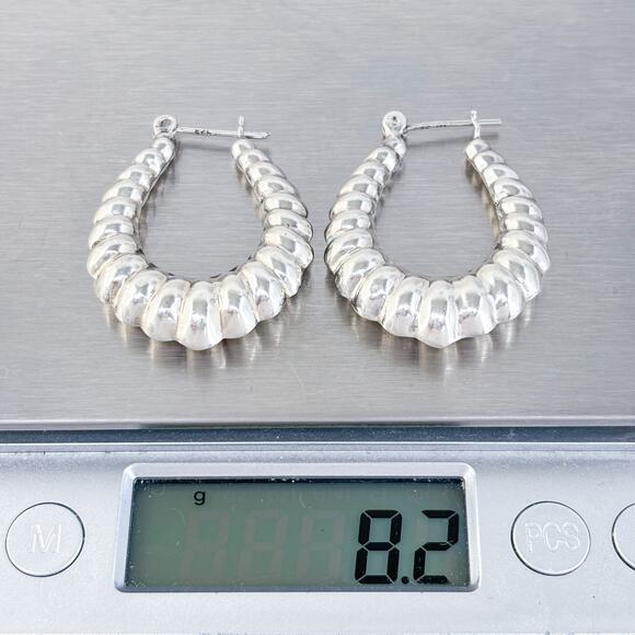 Vintage Sterling Silver 925 3.5cm Ribbed Teardrop Hoop Earrings - Picture 5 of 6